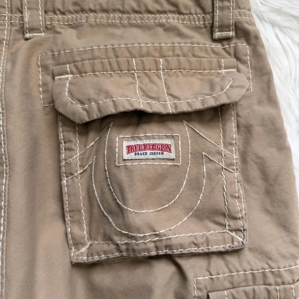 True Religion Big T Cargo Jogger Mens 34 Beige Khaki  Pockets Pants Drawstring